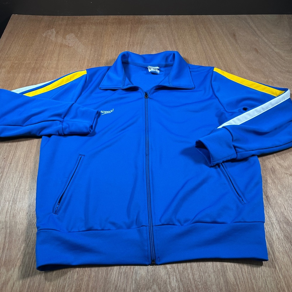 Speedo Track Jacket Mens XL Blue Yellow White Stripe Full Zip Athletic Swim